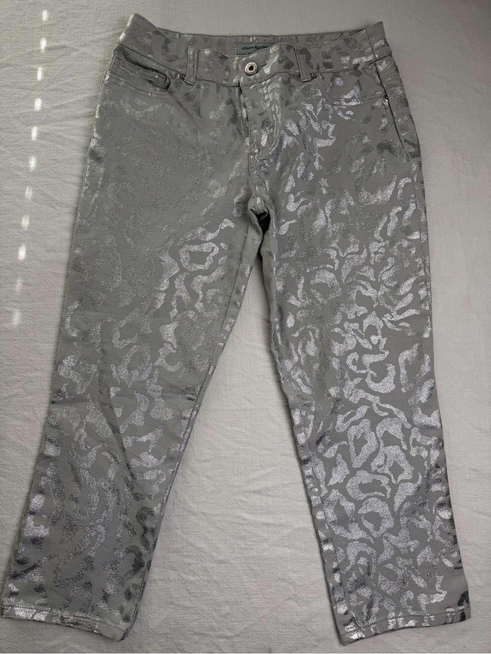Chico's Silver Metallic Patterned Straight Leg Pants